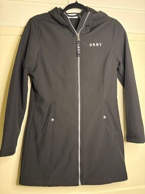 DKNY Black Hooded Zip-Front Trench Coat